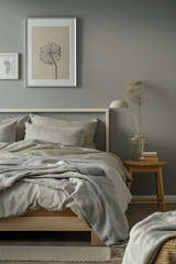 Cozy Bedroom with Grey Walls, Wooden Bed, and Minimalist Decor