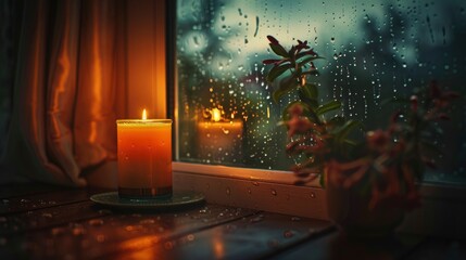A cozy scene of a burning aroma candle sitting on a table by the window, its gentle glow creating a warm ambiance