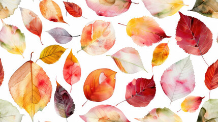 Colorful watercolor autumn leaves seamless pattern on white background