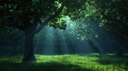 Fototapeta premium A supernatural scene features enchanted orchards where spectral trees bear fruits that emit beams of radiant light