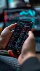Trader Using Smartphone with Forex Trading App and Live Charts on Blurred Background