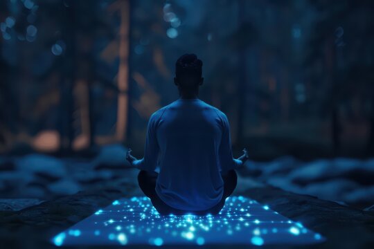 A supernatural scene features enchanted yoga mats that project serene holographic landscapes