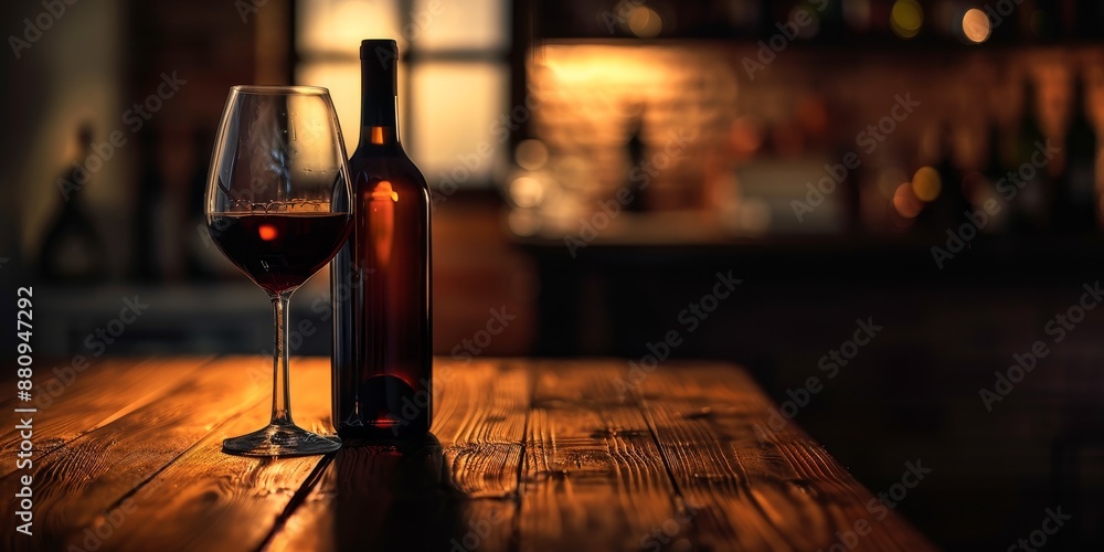 Poster sophisticated wine bottle and glass set on a wooden table, with moody lighting creating an elegant a