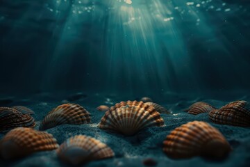 A supernatural scene features enchanted seashells that hum with ethereal melodies when picked up, blending the magic of the ocean with hightech aesthetics and generous copy space