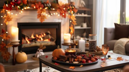 Cozy Thanksgiving Living Room with Festive Fireplace and Decorated Table Setting