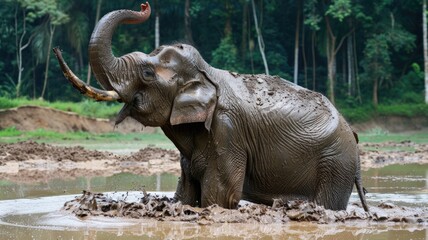Obraz premium An elephant enjoying a mud bath in a large, secure sanctuary