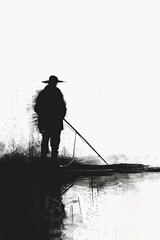 A black and white sketch of a fisherman