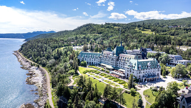 Aerial angle view of historical Manoir Richelieu, La Malbaie, Charlevoix, Quebec, Canada
