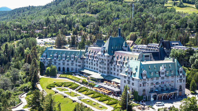 Aerial view of historical Manoir Richelieu, La Malbaie, Charlevoix, Quebec, Canada