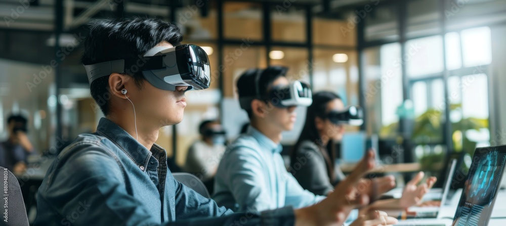 Poster innovative ar training session with virtual prototypes in modern office setting for technology advan