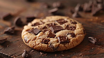 Fototapeta premium A close-up of a freshly baked chocolate chip cookie with melted chocolate chunks, placed on a rustic wooden table.