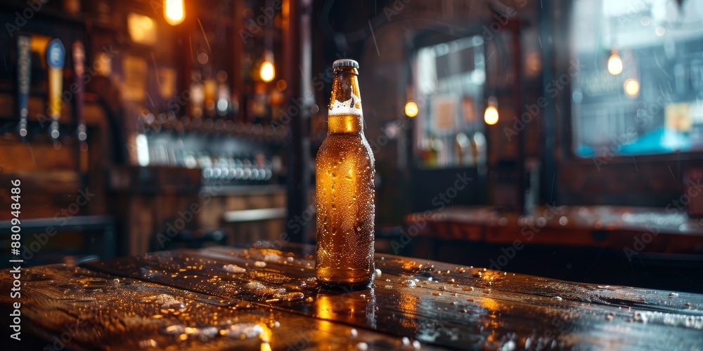 Poster craft beer bottle with condensation, set against a rustic pub scene, capturing the refreshing appeal
