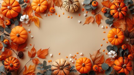 Obraz premium circle of pumpkins cotton maple leaves on beige background autumn fall concept flat lay top view