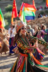 Naklejka premium Colorful Traditional Dance Performance at Cultural Festival with National Flags and Enthusiastic Audience
