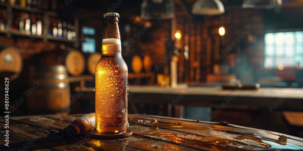 Poster craft beer bottle with condensation, set against a rustic pub scene, capturing the refreshing appeal