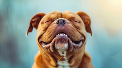 Bulldog with closed eyes smiling on bright background with copy space