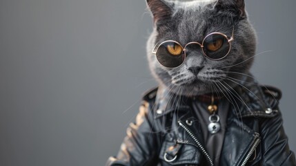 British cat in biker outfit on gray background with space for text