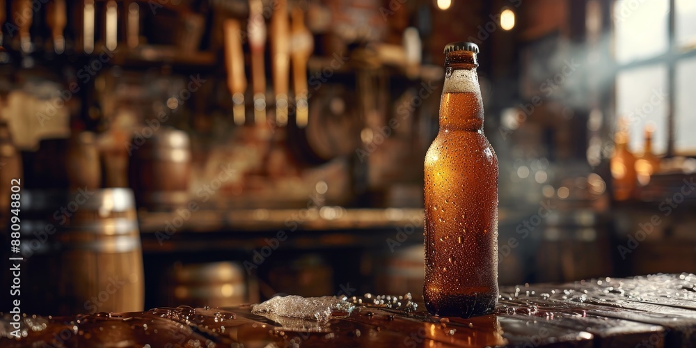 Poster craft beer bottle with condensation, set against a rustic pub scene, capturing the refreshing appeal