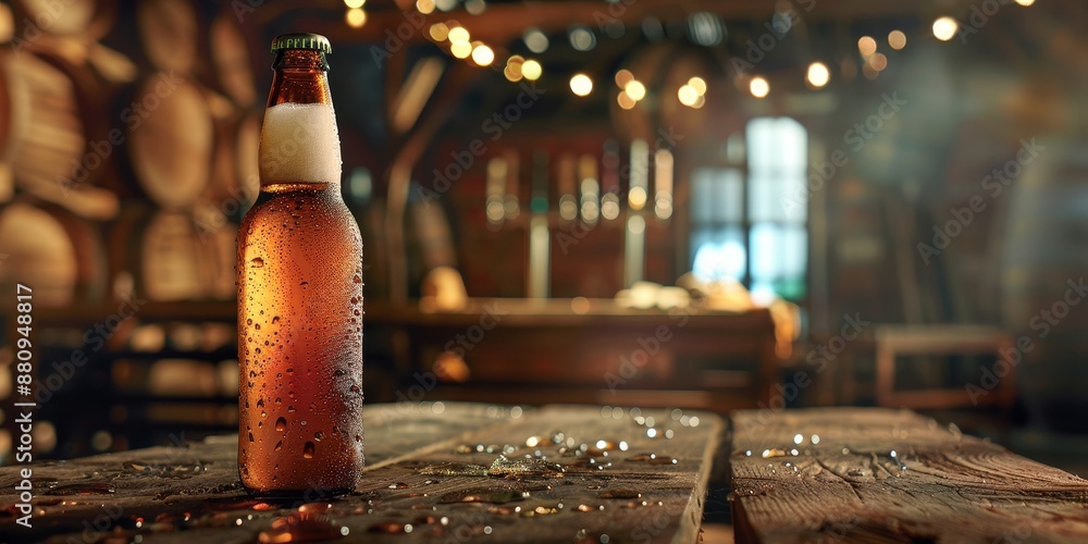 Poster craft beer bottle with condensation, set against a rustic pub scene, capturing the refreshing appeal