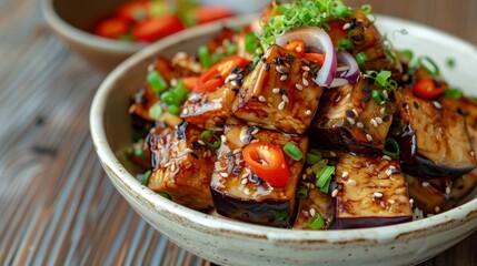 The national cuisine of Japan. Eggplant and tofu salad with ginger and soy sauce.