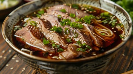 The national cuisine of Japan. Duck in spices with soup, noodles and herbs.