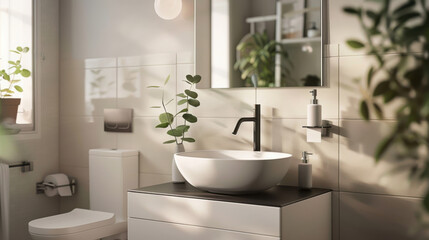A minimalist bathroom with a toilet and sink in black and white colors