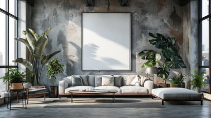 Photo of a Blank Poster on the Wall in an Open Office Space with Concrete Walls and Desks, Web Banner with Copyspace on the Right
