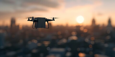 At dawn, cutting-edge drones transport packages across futuristic urban landscapes. Concept Technology, Drone Delivery, Urban Innovation, Logistics, Futuristic Landscapes