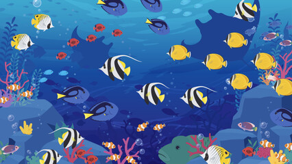 岩と珊瑚がある海底を熱帯魚が泳ぐ背景イラスト_16:9