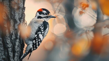 Male downy woodpecker resting on tree trunk