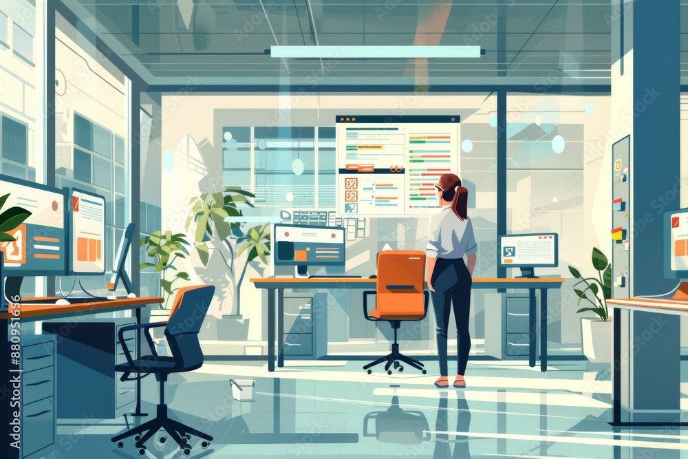 Poster ai driven employee training module in modern office with personalized recommendations and progress t