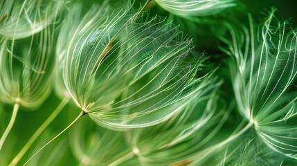 Close up shot of dandelion seeds on green background