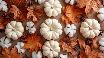 Fototapeta premium decorative pumpkins cotton maple leaves on pastel brown background flat lay top view overhead