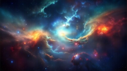 A colorful space scene with a large blue and red cloud in the center