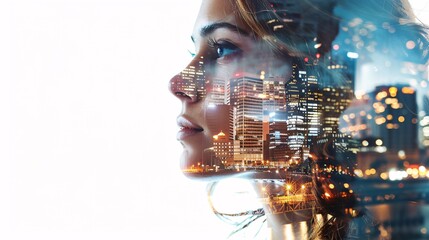 Businesswoman and Cityscape Blend. Captivating Double Exposure of Female Silhouette and Urban Skyline, Reflecting Modern Professionalism and Urban Life.