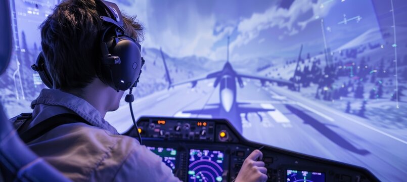 Flight Simulation Training with Advanced Cockpit Controls and Immersive Visuals in Modern Training Facility