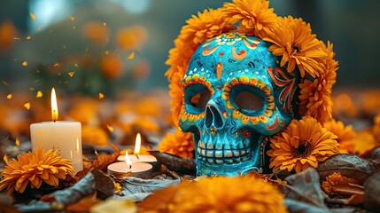 dia de los muertos day of the dead mexican holiday concept sugar skull,death masks candle flowers