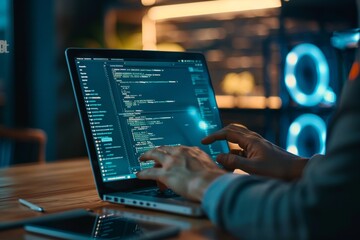 Software Developer Coding on Laptop with Real-time Feedback in Modern Workspace