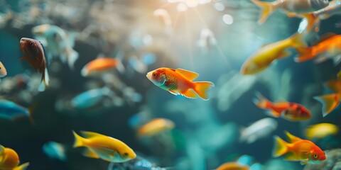 Fototapeta premium An aquarium teeming with a variety of colorful fish, perfect for both decoration and educational purposes. Concept Aquarium, Colorful Fish, Decoration, Educational, Marine Life