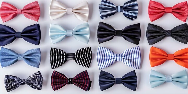 A Variety of Solid-Colored and Striped Bow Ties on a White Background. Concept Bow Ties, Solid Colors, Stripes, White Background, Accessories