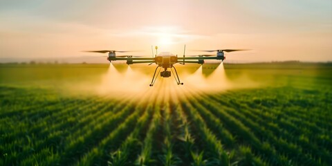 Aerial drone applying pesticides to crops in the morning sunlight. Concept Agricultural Drones, Pesticide Application, Crop Protection, Morning Sunlight, Aerial Technology