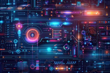 Obraz premium Modern flat design illustration of a digital interface. The background features abstract patterns, 3D effects, and tech-inspired elements like data streams and holographic displays. The use of