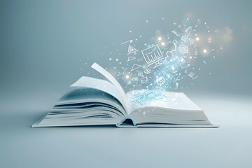 Open book with magical glowing icons emerging, symbolizing knowledge, creativity, and imagination.