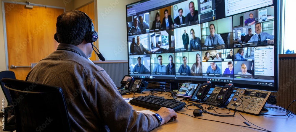 Poster remote leadership training session with multiple participants displayed on large screen monitors