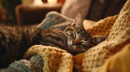 Smiling domestic cat cuddling up to a human on a cozy sofa, warm home living room with soft ambient lighting, peaceful and heartwarming atmosphere
