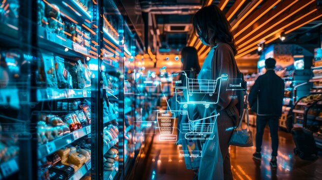 Futuristic Grocery Store with Smart Carts Enhancing the Shopping Experience
