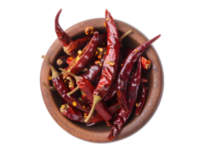 A bowl of red chili peppers on a white background