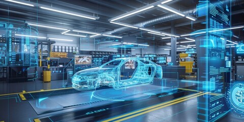 Digital twins technology, showcasing virtual replicas of physical assets for real-time monitoring, analysis, and optimization