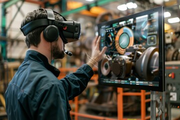 Obraz premium Advanced AR Headset Training Overlaying Digital Instructions in High-Tech Industrial Setting