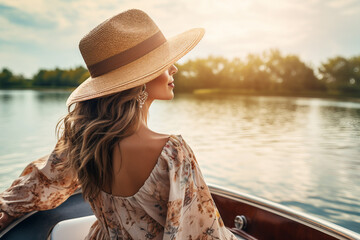 Fototapeta premium People spending weekend vacation on the boat sea ocean river lake, Generative AI